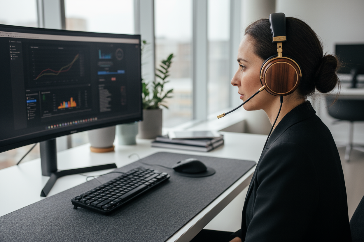 donner moi l'image de quelqu'un qui entraine de travail avec le casque : MEZE AUDIO | 99 Classics Walnut Gold & Boom Mic Headset.
un peut près la même image que vous m'avez géner il y a un instant mais avec ce casque.