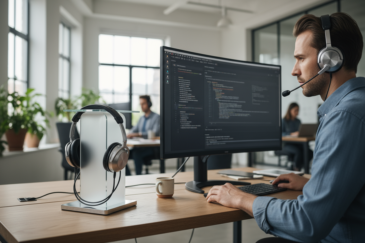 personne qui travail avec un casque équipe d'un microphone et un support de casque a côté