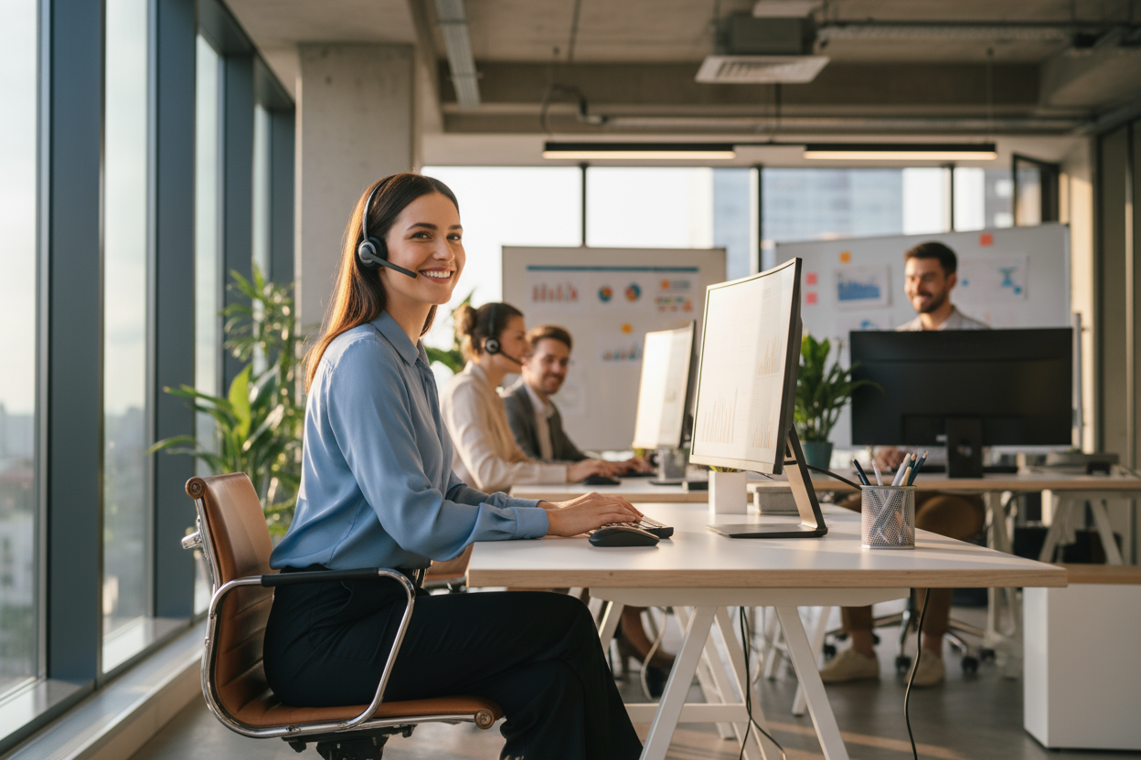 une femme qui est contant de travail avec un casque de travail